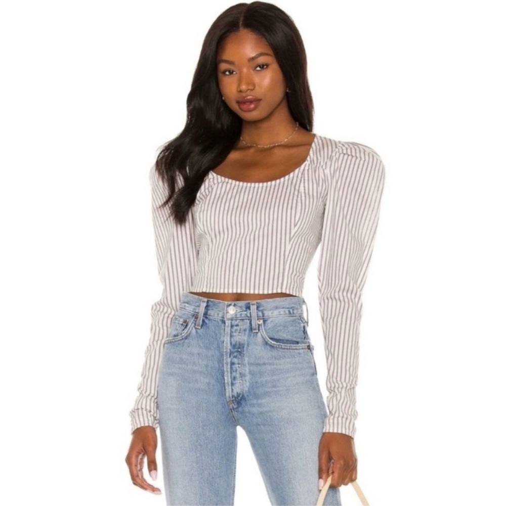 Free People Caroline Striped Long Puff Sleeve Blouse Top